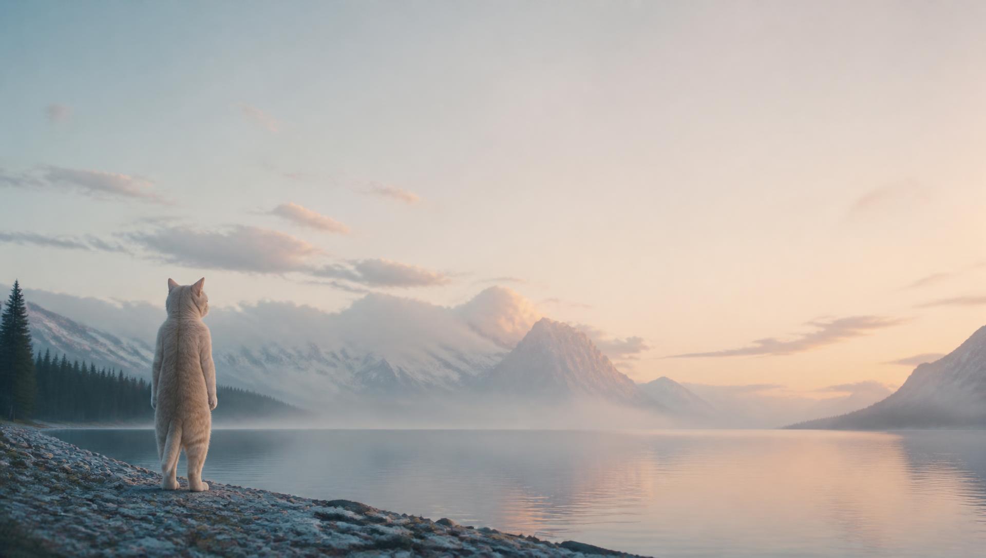 A cat standing on a rocky lakeshore at dawn, facing snow-capped mountains across still water
